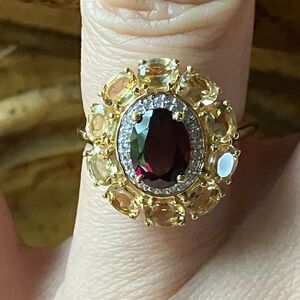 Rhodolite Garnet Citrine Sterling Silver Double Halo Ring Size 6